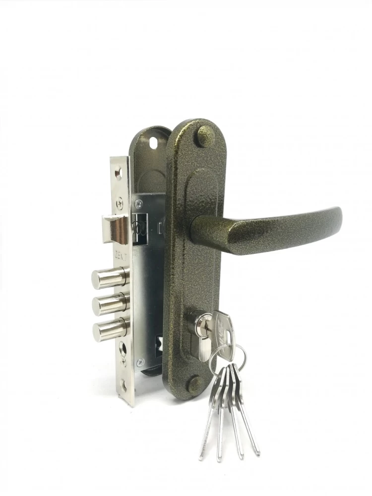 Фото Замок врезной цилиндровый с защёлкой в комплекте с ручкой ЗВ7-60.1-02 (бронза), 5 кл.